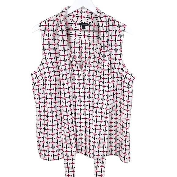 Talbots White Button Front Tie Neck Geometric Printed Blouse Women's Size 14 - Picture 3 of 9